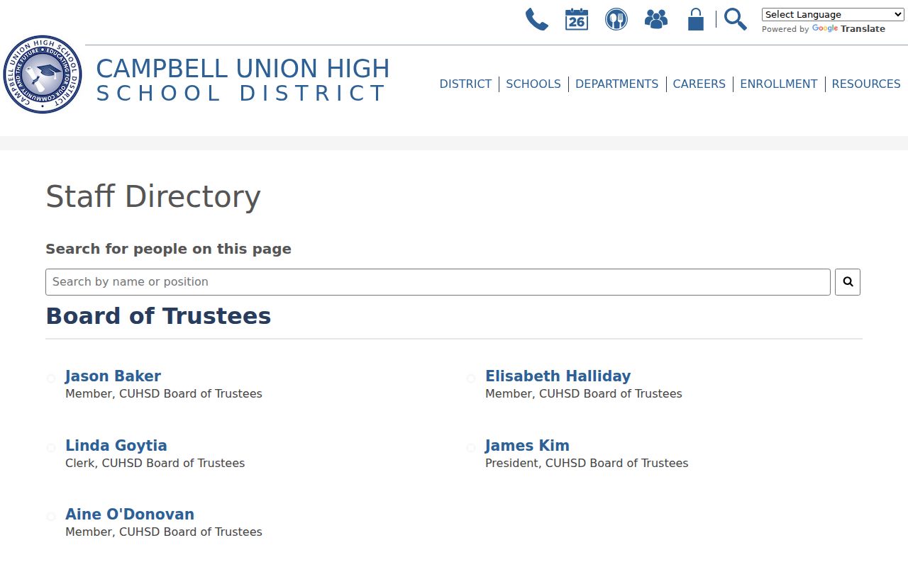 Campbell people directories Union High School District staff directory page