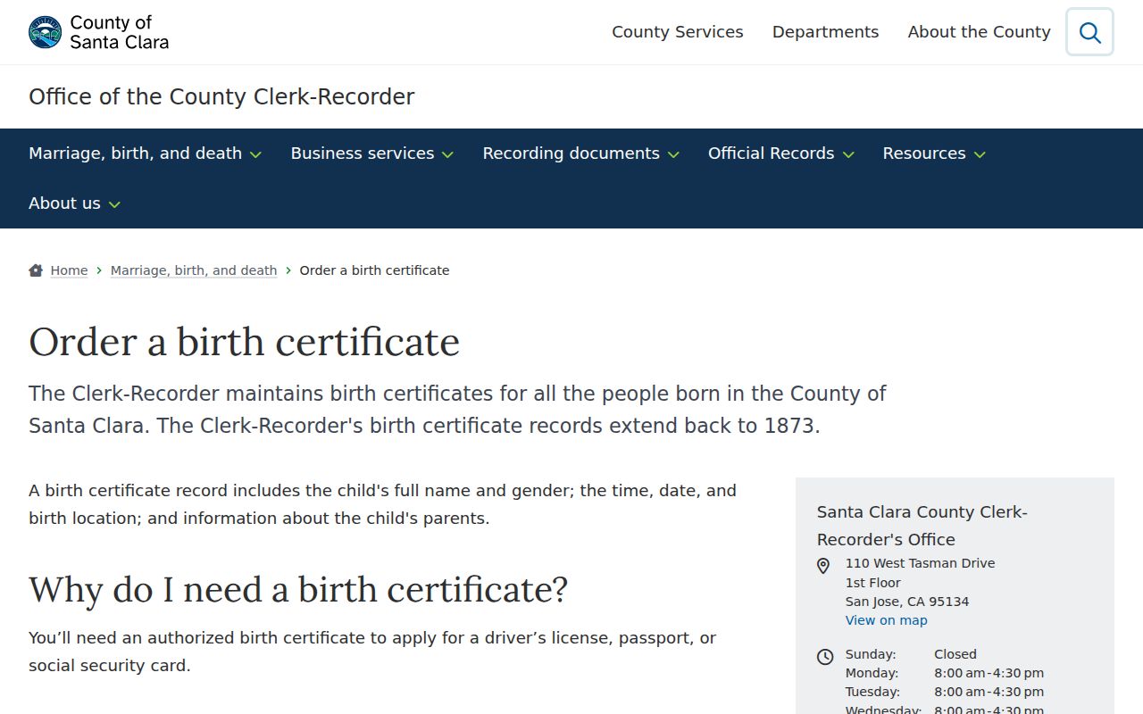 Campbell public records birth certificate ordering page in Santa Clara County