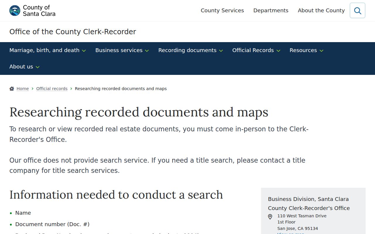 Campbell public records recorder research page for Santa Clara County